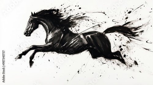 Black ink painting of a horse running with a splash of black ink. photo