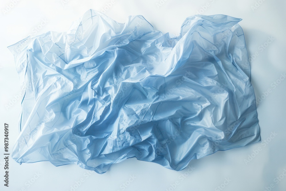 Obraz premium A faded blue plastic bag, its logo barely visible, carried by the wind against a flawless white canvas