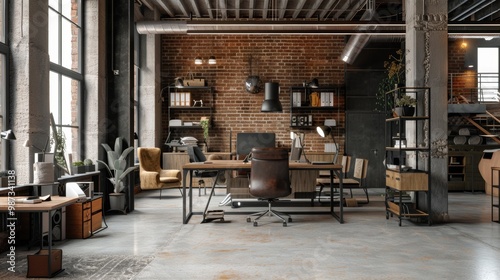 Cozy Industrial Loft Office with Modern Furniture and Workspace