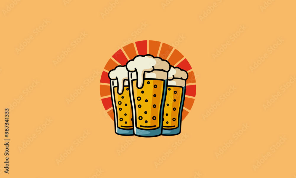 Three frothy beer glasses with orange rays vector. Three frothy beer glasses with orange rays vector.