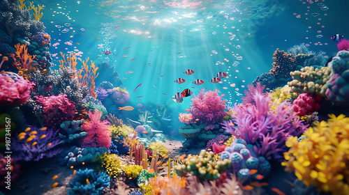 A lively underwater scene showcasing a colorful coral reef