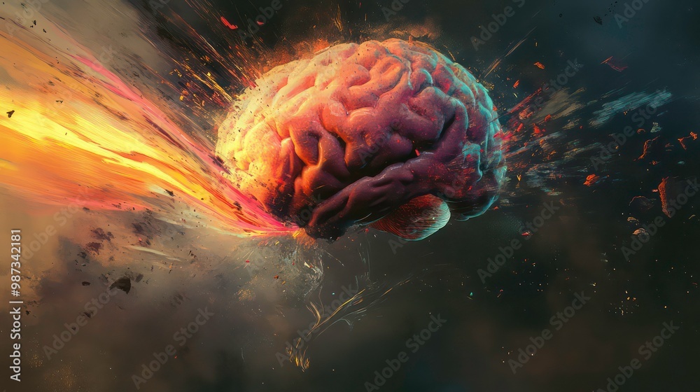 A 3D rendering of a human brain in an explosion of light. A 3D rendering of a human brain in an explosion of light.