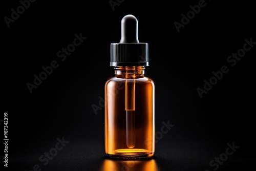 A high-key photograph of an amber glass dropper bottle, isolated on a bright white background. The bottle is illuminated with strong, direct light