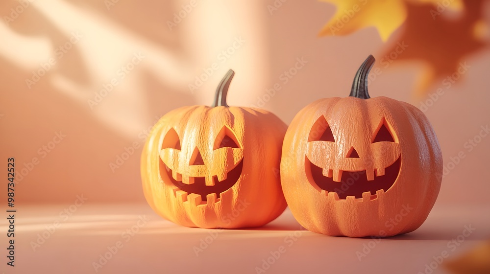 Carved jack-o'-lantern pumpkins with smiling faces sit against a soft peach background, highlighting a minimalist composition with warm ambient lighting for Halloween.