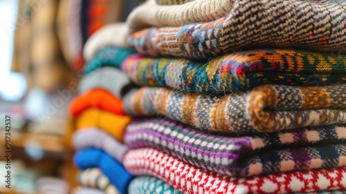 Stack of colorful argyle sweaters in a store,National Argyle Day