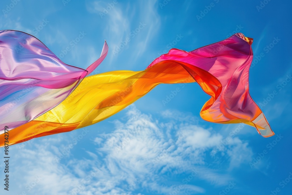 A kaleidoscope of colors dancing in the breeze as a multicolored flag unfurls against a canvas of azure sky A kaleidoscope of colors dancing in the breeze as a multicolored flag unfurls against a canvas of azure sky