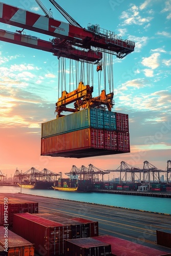A crane lifting a shipping container at a port during sunset, showcasing industrial activity.