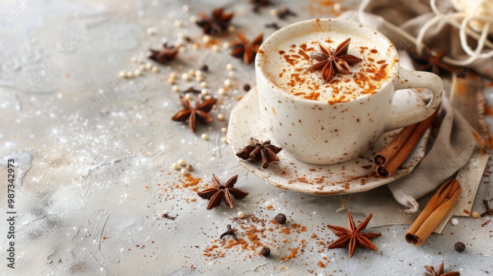 Naklejka premium Cozy Winter Drink with Spices and Marshmallow in Festive Mug