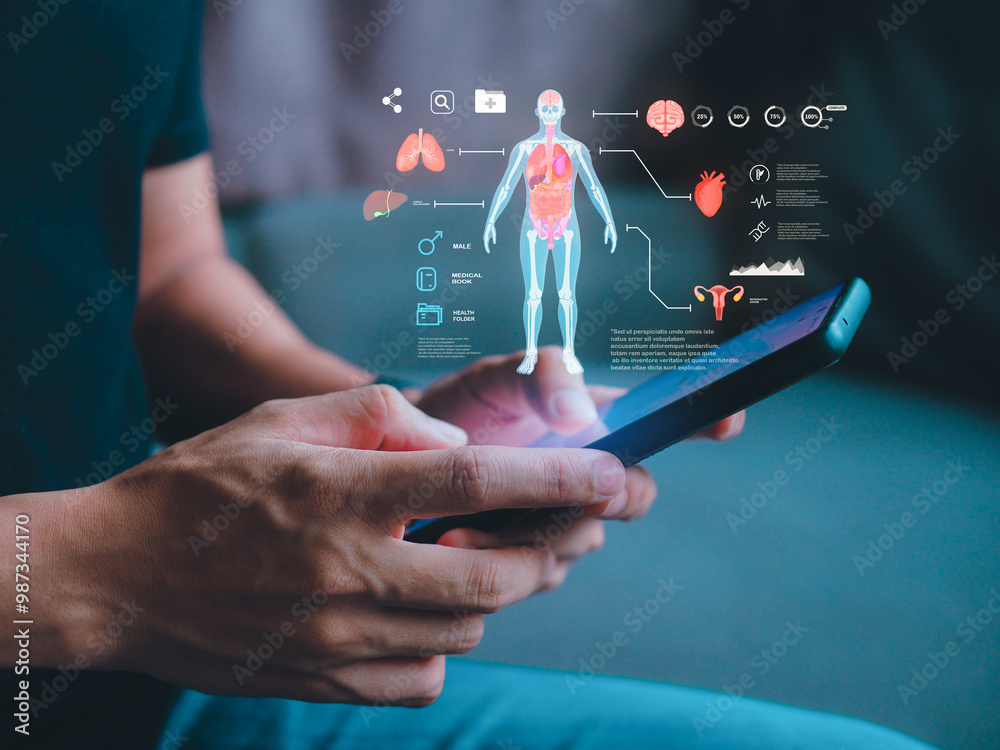 Fototapeta premium Health and Medical Technology with Digital Healthcare Icons: Medical Records, Insurance, Patient Care, Medicine, Modern Medical Technology, and Health Services for Advanced Healthcare Solutions