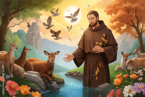 Saint Francis of Assisi standing in the midst of nature, surrounded by animals such as birds, deer, and small creatures