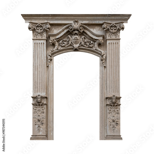Elements of architectural decoration of buildings. Old archway in neo-baroque style, historicism or historism