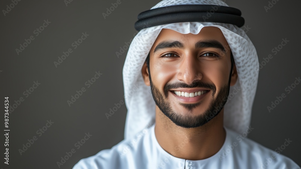 Portrait of a smiling handsome Emirati man wearing a white kandura on a grey background Portrait of a smiling handsome Emirati man wearing a white kandura on a grey background