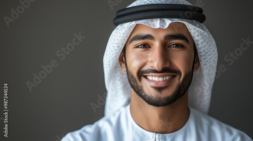 Portrait of a smiling handsome Emirati man wearing a white kandura on a grey background