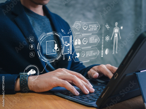 Health and Medical Technology with Digital Healthcare Icons: Medical Records, Insurance, Patient Care, Medicine, Modern Medical Technology, and Health Services for Advanced Healthcare Solutions