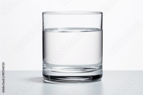 A minimalist, stackable glass with no branding, filled with refreshing water