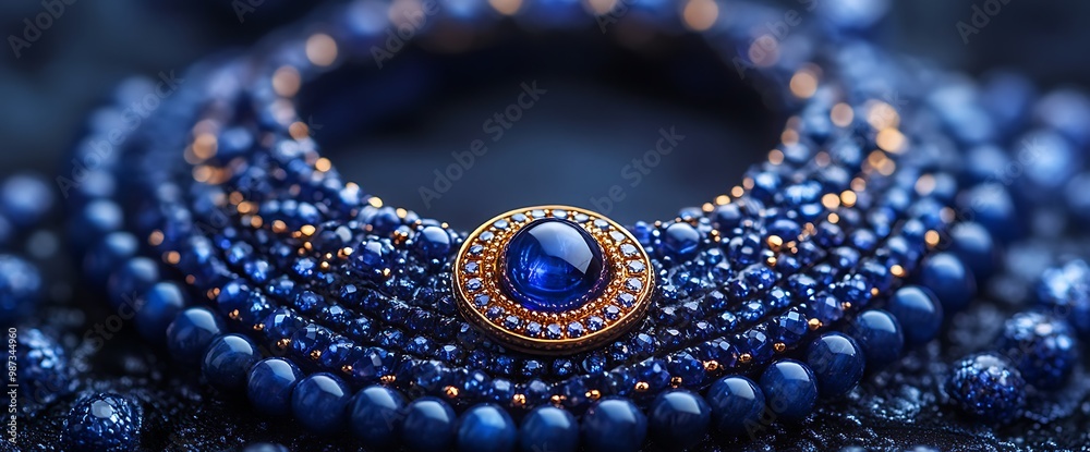 Close-up of a blue gemstone necklace with a gold setting. Close-up of a blue gemstone necklace with a gold setting.