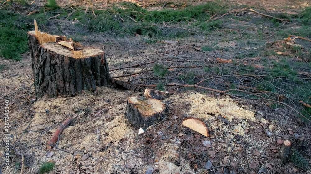 Stumps from felled pine trees in the forest, illegal tree cutting. Destruction of forest in wild nature. Forestry industry, sawmilling operations. Ecological world problem of deforestation. Stumps from felled pine trees in the forest, illegal tree cutting. Destruction of forest in wild nature. Forestry industry, sawmilling operations. Ecological world problem of deforestation.