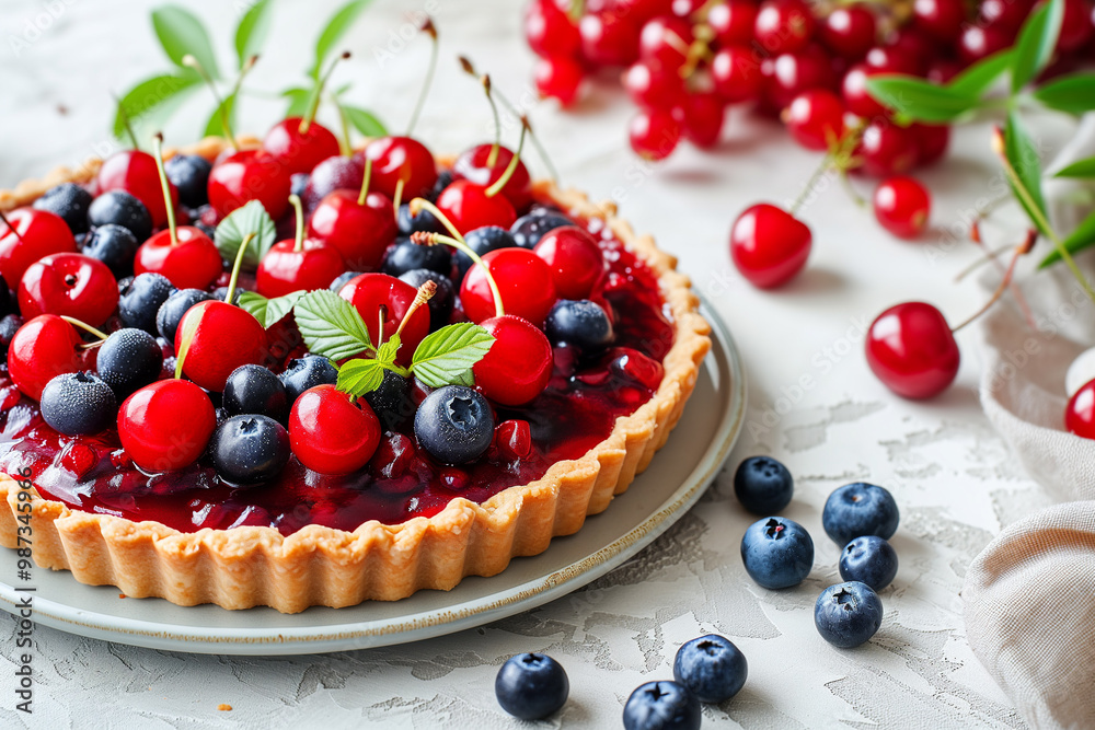 A fruit tart topped with fresh cherries and blueberries. A fruit tart topped with fresh cherries and blueberries.