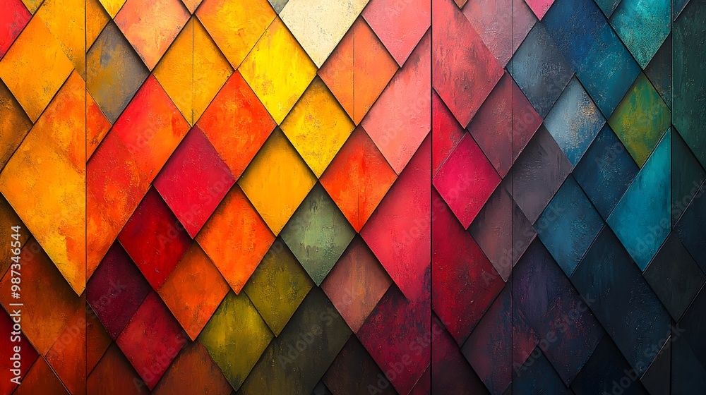 Fototapeta premium Colorful geometric patterns with overlapping diamonds and sharp edges, creating a dynamic visual impact