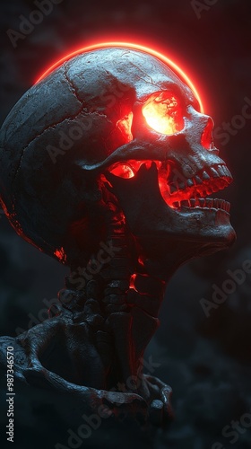 A glowing, metallic skull with red accents, set against a dark background, evokes a fusion of science fiction and horror themes.