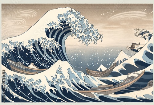 The Great Wave off Kanagawa Japanese Woodblock Print photo