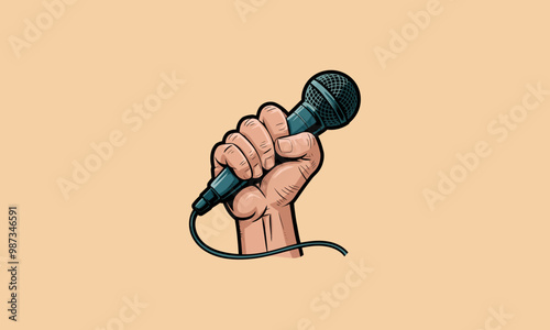 Hand holding a microphone vector illustration.