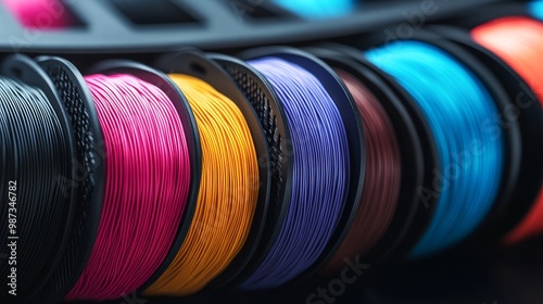 A brightly colored stack of spools of filament for 3D printers