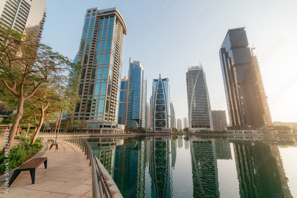 Obraz premium Panoramic view of Jumeirah Lakes Towers in Dubai during morning, United Arab Emirates