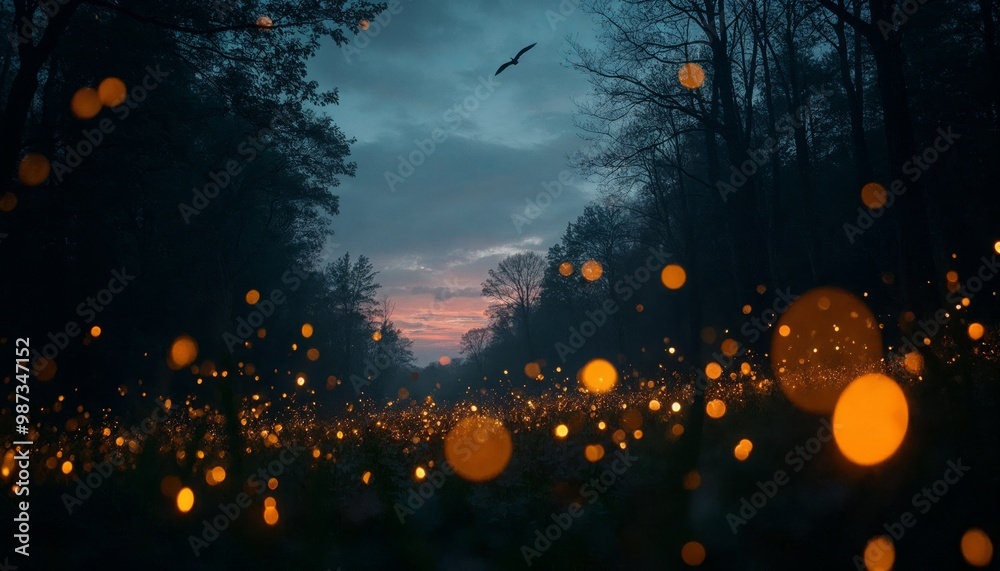Mysterious forest at night with glowing orbs and a bird flying overhead ...