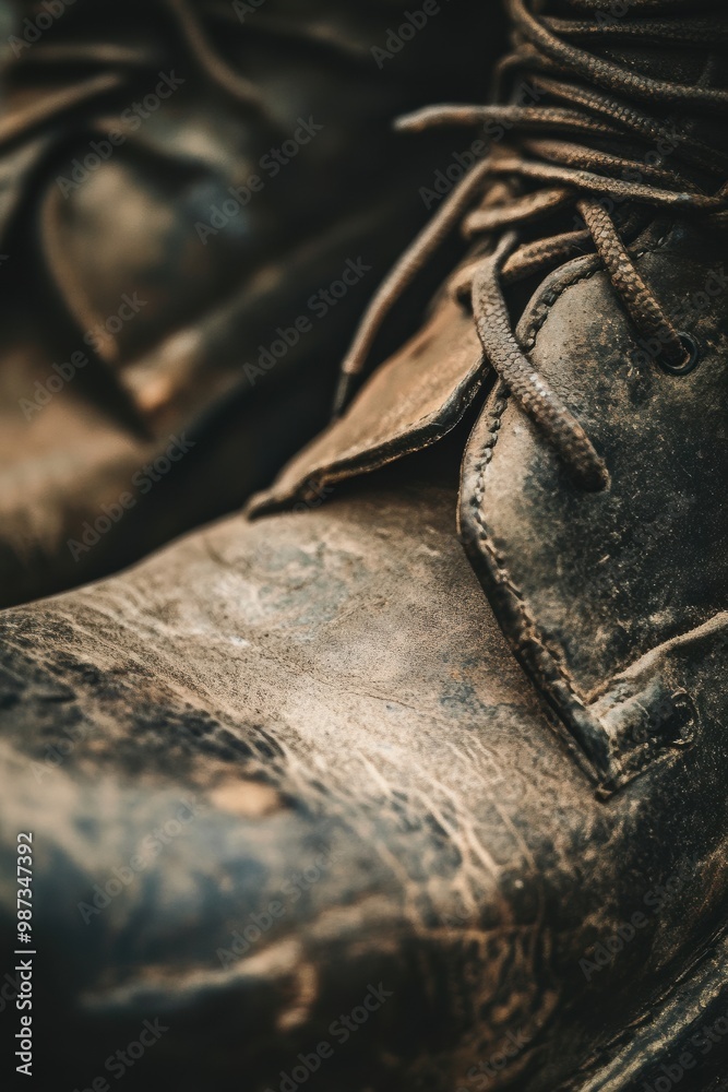 Worn Leather Boots Close-Up on Rustic Background Worn Leather Boots Close-Up on Rustic Background