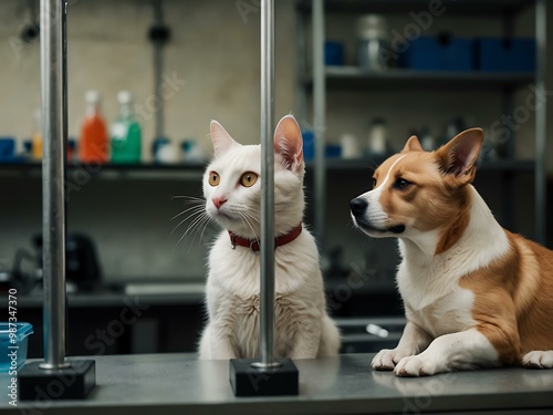 Cat and three dogs in a lab setting.