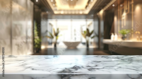 Empty marble top table with blurred bathroom interior Background. for product display montage