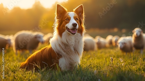 A shepherd dog herds sheep in golden hour lighting on a lush green pasture, showcasing farm life with an attentive canine amidst a warm rustic landscape. photo