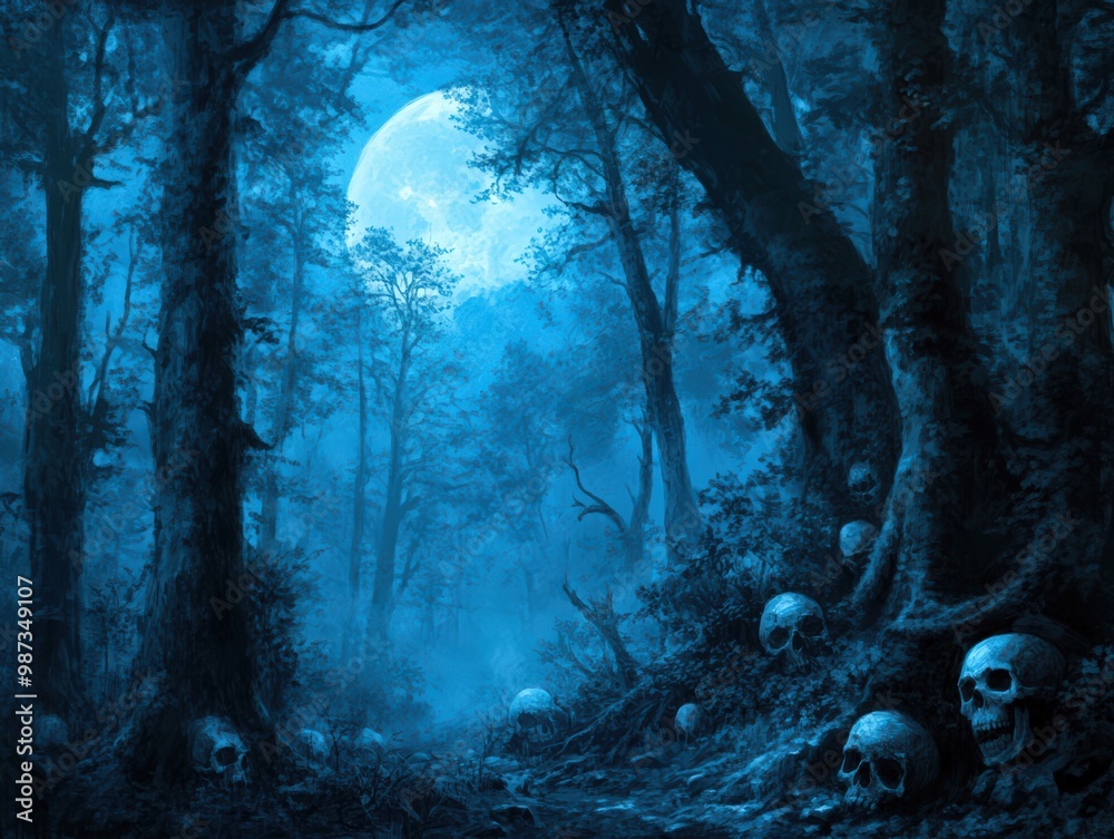 A spooky graveyard with pumpkins and fog at night. In the background, creating an eerie atmosphere.Concept halloween. A spooky graveyard with pumpkins and fog at night. In the background, creating an eerie atmosphere.Concept halloween.
