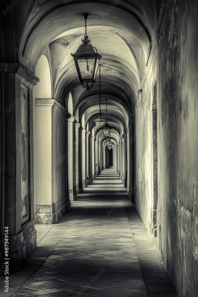 Elegant Arched Corridor with Lanterns in Monochrome Elegant Arched Corridor with Lanterns in Monochrome