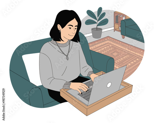 Remote work freelance modern illustration working on a laptop at her house, isolated with a white background