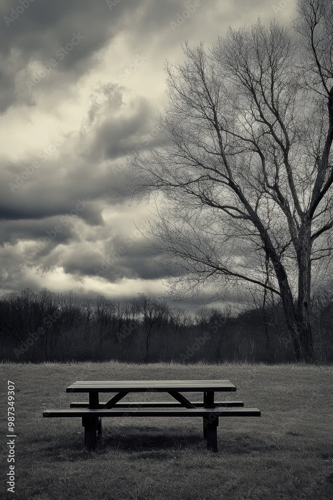 Gloomy Picnic Scene with Tree and Cloudy Sky Gloomy Picnic Scene with Tree and Cloudy Sky