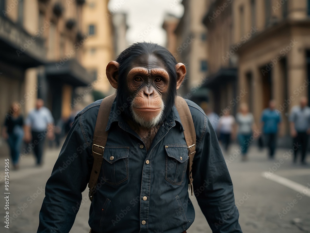 Chimpanzee in casual clothes walking in the city. Chimpanzee in casual clothes walking in the city.