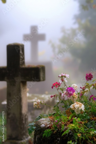 Foggy Cemetery with Flowers and Crosses