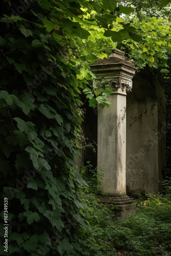 Moss-Covered Column Surrounded by Lush Greenery