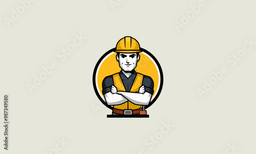 Strong construction worker with crossed arms vector logo.