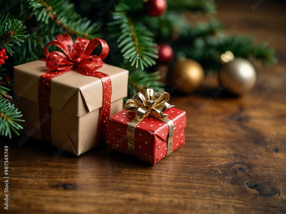 Christmas decorations and gifts on wooden surfaces for New Year. Christmas decorations and gifts on wooden surfaces for New Year.