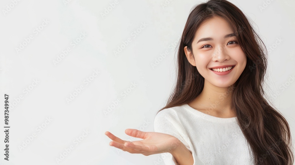 Happy Asian woman presenting or showing open hand palm with copy space for product on white background Happy Asian woman presenting or showing open hand palm with copy space for product on white background