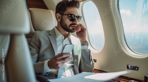 Handsome pensive middle eastern businessman talking on mobile phone holding financial report working with documents sitting in plane Confident entrepreneur flying private jet successfu photo