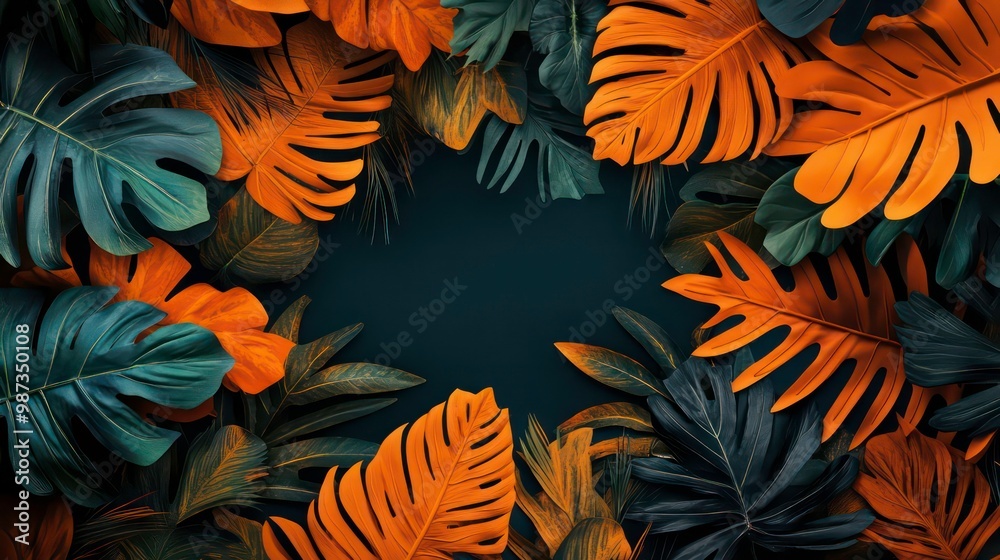 Tropical leaves arranged in a circle frame on a dark background. Tropical leaves arranged in a circle frame on a dark background.