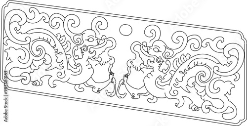 Sketch vector illustration silhouette design ornate ornament icon logo symbol engraving abstract classic mythological animal vintage ethnic traditional chinese
