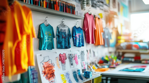 Colorful T-shirt designs pinned on a mood board