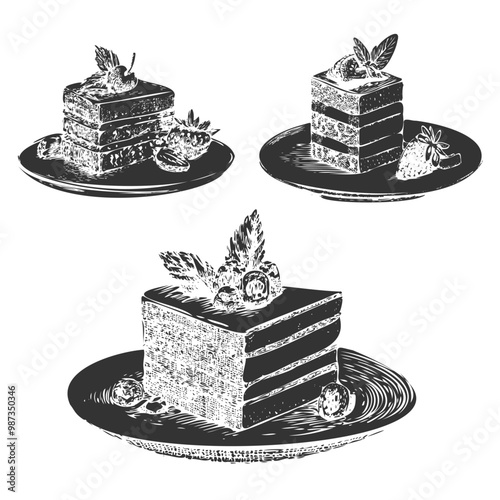 Vintage dessert set. Hand drawn sweet dessert concept. Monochrome black retro illustration isolated on white background. French desserts mont blanc, red velvet, paris brest.
