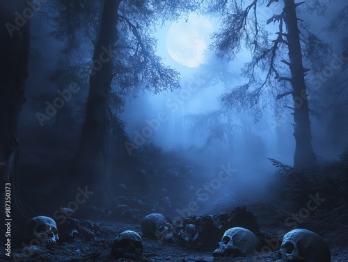 A spooky graveyard with pumpkins and fog at night. In the background, creating an eerie atmosphere.Concept halloween.