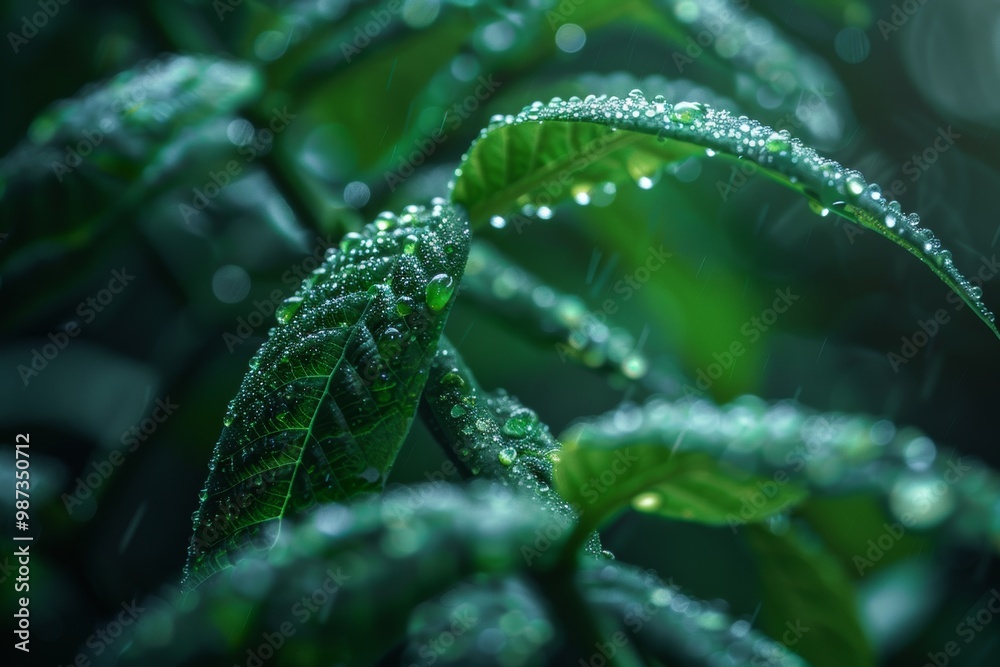 Close-up photograph of green leaves covered in fresh dew droplets, illuminated by soft natural light, creating a serene and calming visual atmosphere Close-up photograph of green leaves covered in fresh dew droplets, illuminated by soft natural light, creating a serene and calming visual atmosphere
